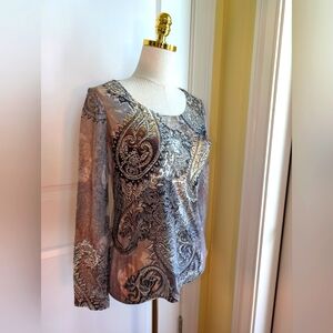 Chico's 0 (4) Brown/Tan Paisley Open Lace Long Sleeve Rhinestone Accents NWOT